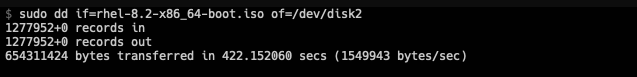 Bash output from the command sudo dd if=rhel-8.2-x86_64-boot.iso of=/dev/disk2