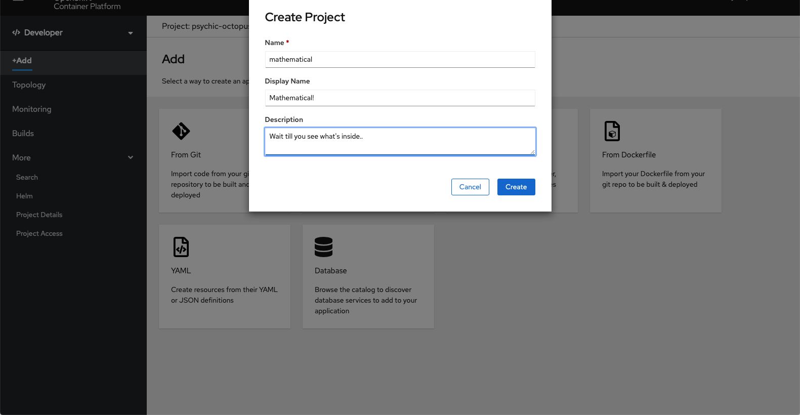 OpenShift create project dialog